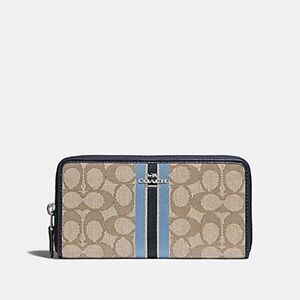 COACH ACCORDION ZIP WALLET KHAKI WITH BLUE JACQUARD STRIPE